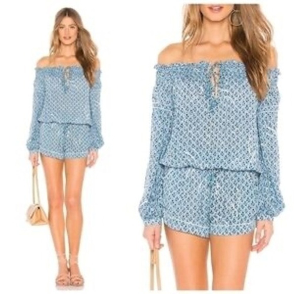 Poupette St Barth Blue Floral Off Shoulder Romper Tassel Viscose‎